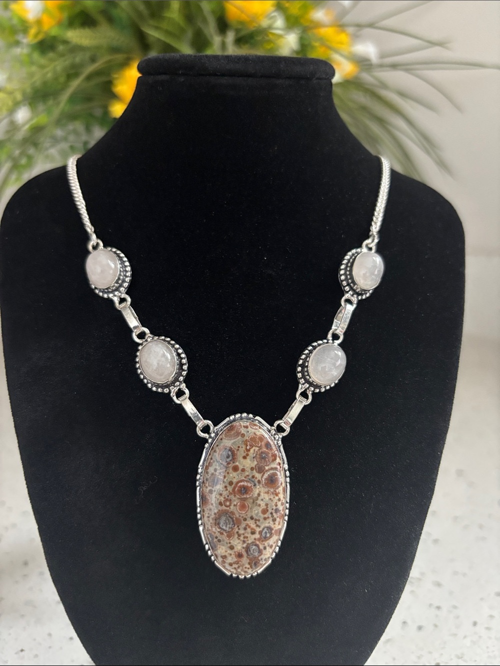 Sterling Silver Asteroid Jasper & Rose Quartz Gemstone Statement Necklace